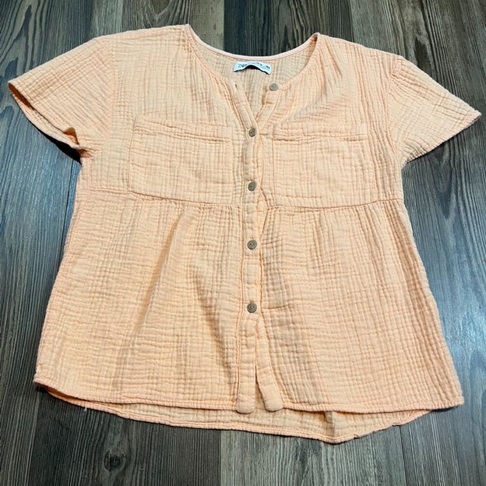 Zara Girls Cotton Gauze Bouse Top 13-14 Peach Cropped Boxy Cottage Core Easter